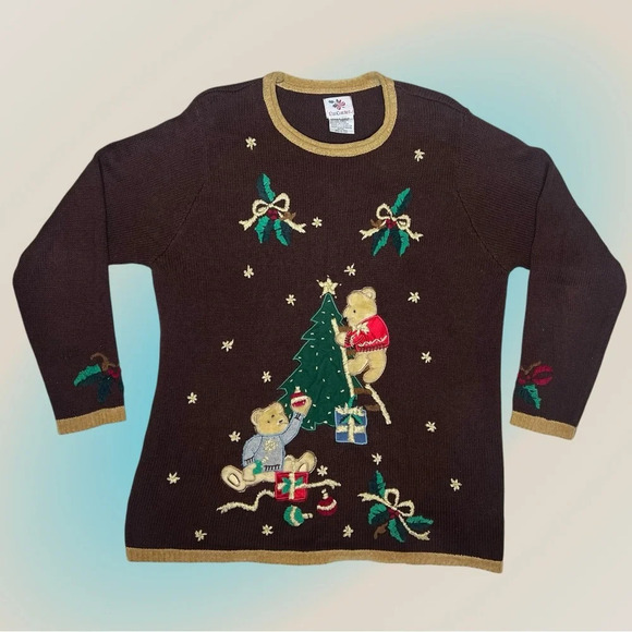 Vintage 90s Nutcracker Embroidered Christmas Tree Bears Mistletoe Sweater - Picture 1 of 7